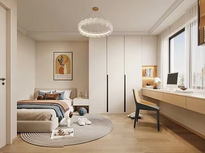 Bright Kids Room Interior Design With Bed Round Rug Desk Chair Chandelier And Wall Art 3d model