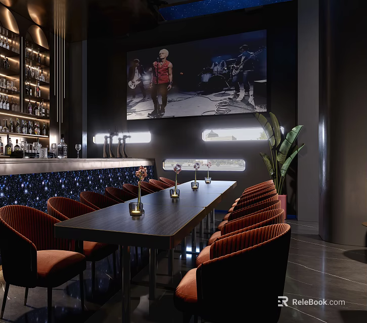 Modern Bar Interior With Bar Counter Wine Racks Long Table Orange Chairs And Large Screen 3d model 