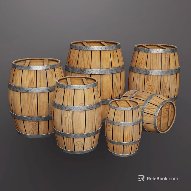 Wooden Barrel Decorative Ornament Set With Metal Hoops And Various Sizes For Home Decor 3d model 