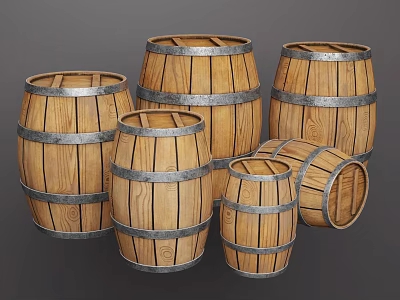 Wooden Barrel Decorative Ornament Set With Metal Hoops And Various Sizes For Home Decor 3d model