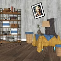 Metal Storage Shelf with Multiple Tiers Holding Books Baskets and Boxes Gray Wall Wooden Floor