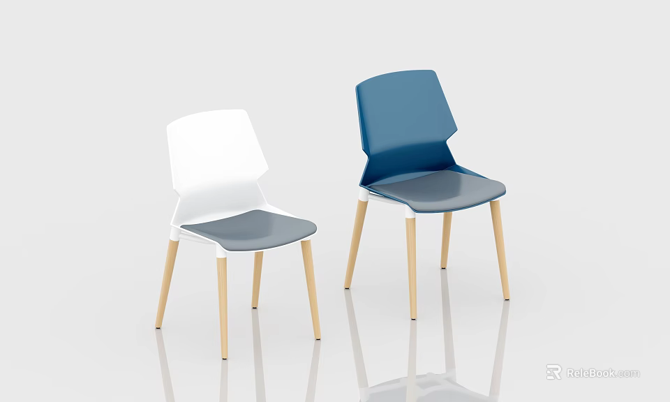 Modern Restaurant Chairs With White Blue Seats And Wooden Legs Design 3d model 