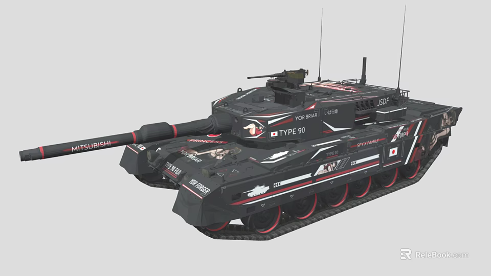 Type 90 Black Military Tank With Red And White Decorative Accents 3d model 