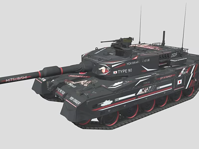 Type 90 Black Military Tank With Red And White Decorative Accents 3d model
