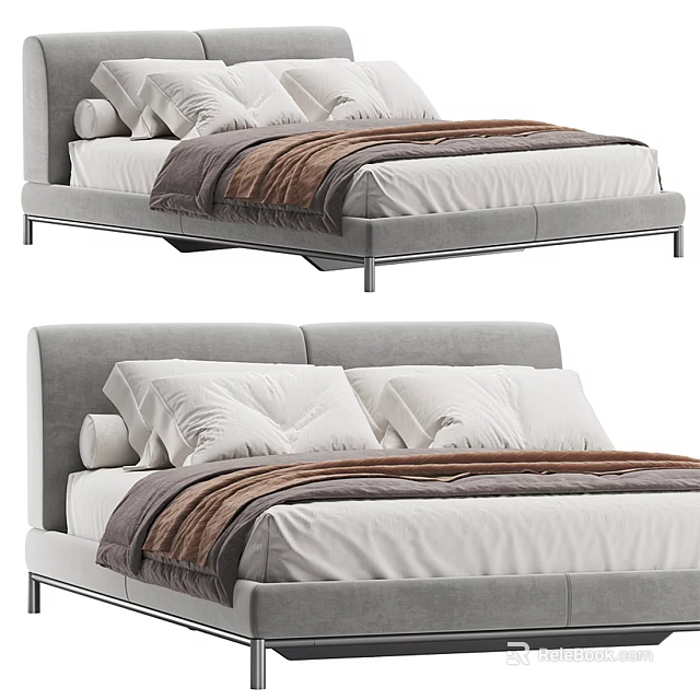 Modern Double Bed With Gray Upholstered Headboard Metal Frame White Sheets And Brown Blanket 3d model 