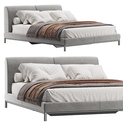 Modern Double Bed With Gray Upholstered Headboard Metal Frame White Sheets And Brown Blanket 3d model