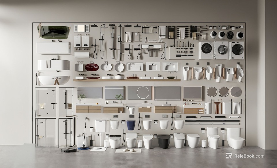 Modern Bathroom Accessories Collection Featuring Toilet Washbasin Mirror Towel Rack Faucet 3d model 