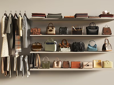 Fashionable Clothes Hanging In Wardrobe With Bags And Folded Garments 3d model
