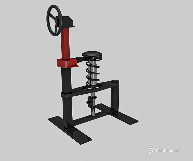 Red And Black Mechanical Compression Tool With Wheel Spring And Metal Stand Structure 3d model