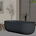 Modern Black Freestanding Bathtub on Wooden Floor with Window Blinds and Side Stool