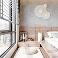 Modern Minimalist Bedroom With White Bedding Wooden Platform Bed Round Pendant Lights And Wooden Hanger
