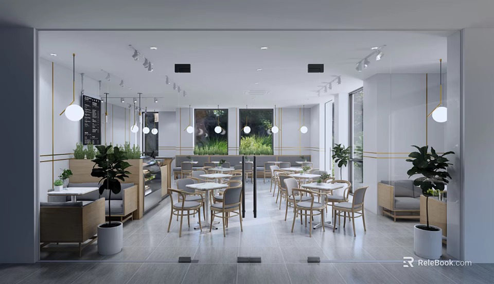 Modern Café Interior With Open Space Tables Chairs Windows Hanging Lights And Plants 3d model 