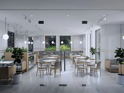Modern Café Interior With Open Space Tables Chairs Windows Hanging Lights And Plants 3d model