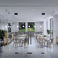 Modern Café Interior With Open Space Tables Chairs Windows Hanging Lights And Plants