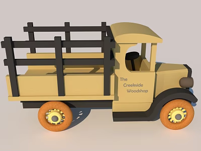 Electric Toy Truck Yellow The Cheeseboard Woodshop With Black Railings And Orange Wheels 3d model