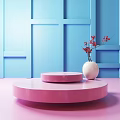 Pink Circular Display Platform With White Vase Red Flowers On Blue Grid Background 3d model