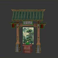 Traditional Chinese Gateway Architecture With Green Tiled Roof Red Lanterns And Central Painting Design