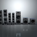 Home Theater Audio Speaker System With Various Sizes And Control Unit Setup