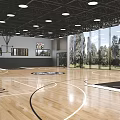 Indoor Basketball Court With Wooden Floor Basketball Hoops Ceiling Lights And Court Markings