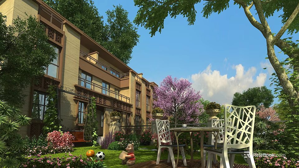 Serene Garden Landscape with Multi story Building Greenery Flowers and Lawn Furniture under Blue Sky 3d model 