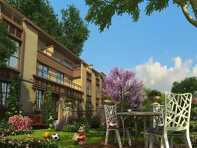 Serene Garden Landscape with Multi story Building Greenery Flowers and Lawn Furniture under Blue Sky 3d model
