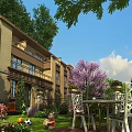 Serene Garden Landscape with Multi story Building Greenery Flowers and Lawn Furniture under Blue Sky