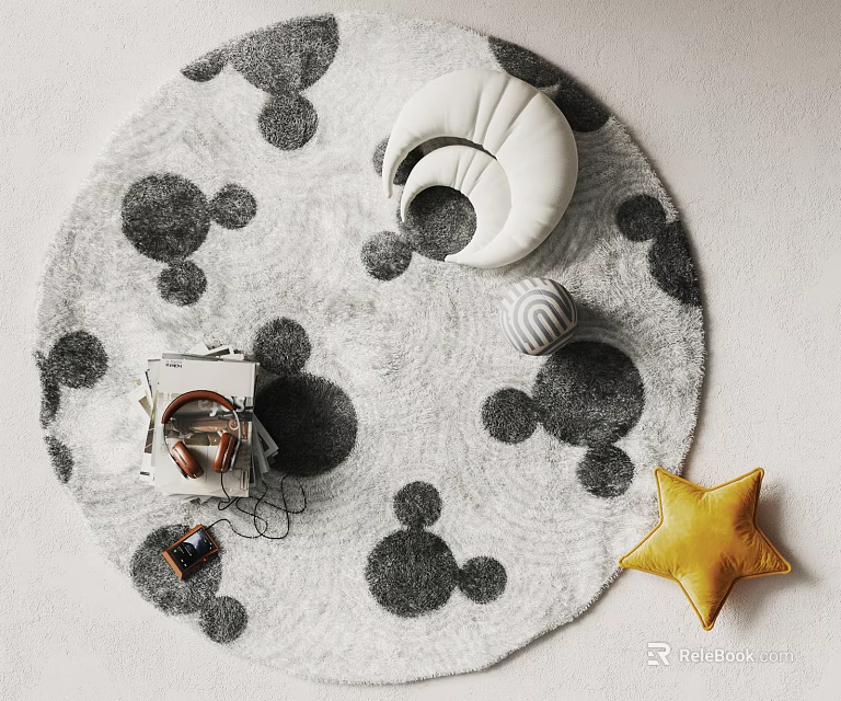 Round Area Rug with Black Polka Dots White Shell Cushion Headphones and Yellow Star Pillow 3d model 