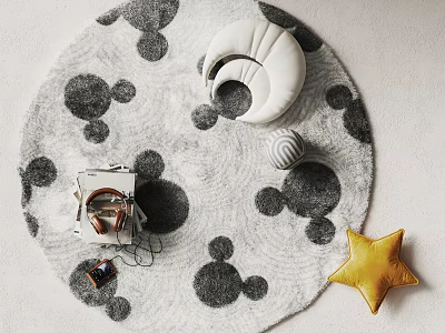 Round Area Rug with Black Polka Dots White Shell Cushion Headphones and Yellow Star Pillow 3d model