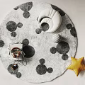 Round Area Rug with Black Polka Dots White Shell Cushion Headphones and Yellow Star Pillow