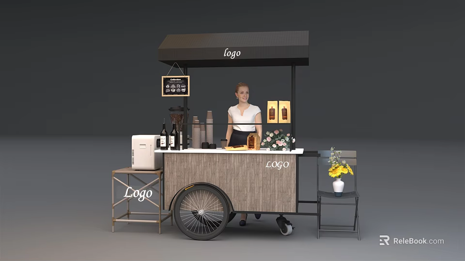 Functional Mobile Cart With Logo Signage Fresh Flowers Bottles And Blackboard Menu 3d model 
