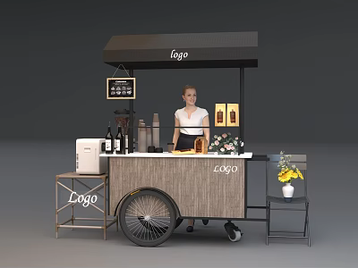 Functional Mobile Cart With Logo Signage Fresh Flowers Bottles And Blackboard Menu 3d model