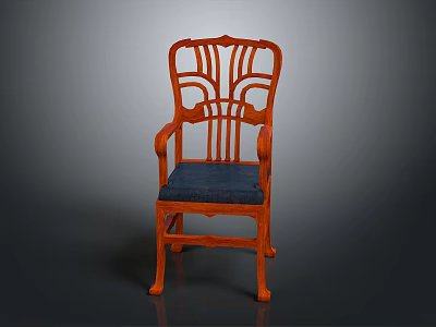 Orange Wooden Chair With Carved Backrest Armrests And Blue Padded Seat 3d model