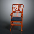 Orange Wooden Chair With Carved Backrest Armrests And Blue Padded Seat