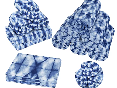 Blue and White Tie Dye Pattern Towels in Various Folded Sizes and Styles 3d model