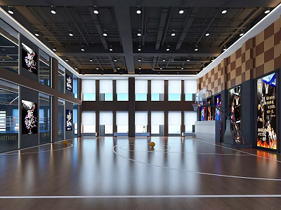 Basketball Gym With Wooden Floor Ceiling Lights Large Windows Wall Posters And Court Lines 3d model