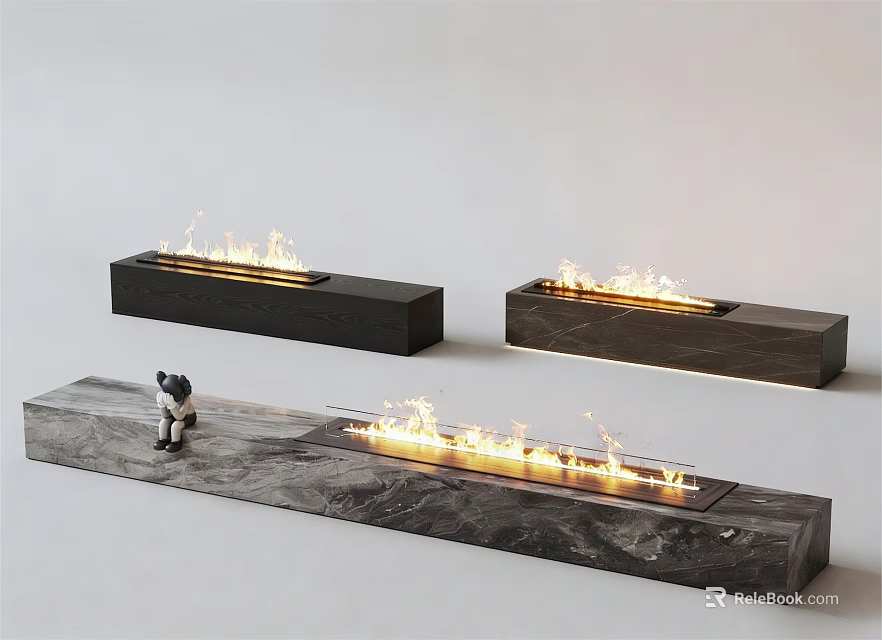 Modern Interior Fireplace With Marble Surface Long Design And Burning Flames 3d model 