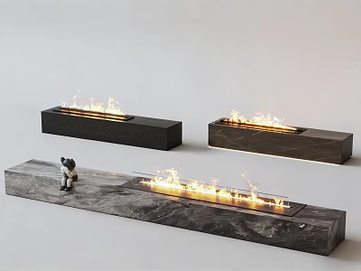 Modern Interior Fireplace With Marble Surface Long Design And Burning Flames 3d model