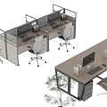 Modern Office Desk Workspace With Computers Office Chairs Drawer Cabinets And Green Plants