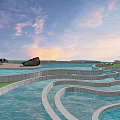 Scenic Park Landscape With Winding Water Channels Curved Walkways And Modern Pavilion