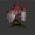Artistic Red Leaf Tree With Dripping Effect And Tree Roots On Green Base 3d model