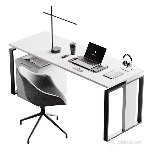 Modern White Office Desk With Laptop Headphones Desk Lamp Coffee Cup And Mouse 3d model 
