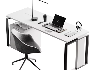 Modern White Office Desk With Laptop Headphones Desk Lamp Coffee Cup And Mouse 3d model