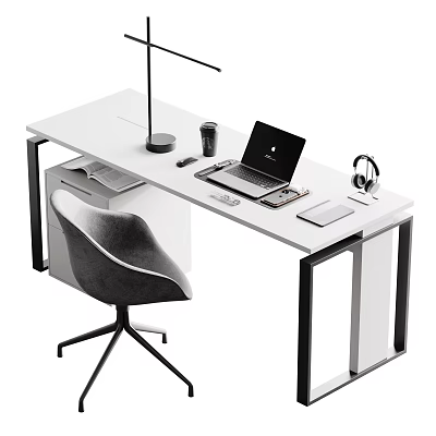 Modern White Office Desk With Laptop Headphones Desk Lamp Coffee Cup And Mouse 3d model