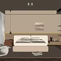 Minimalist Modern Bedroom Interior With Double Bed White Armchair Woven Rug And Wooden Cabinets