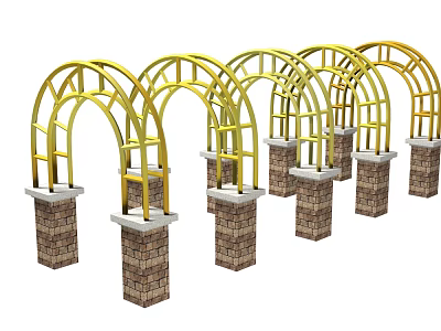 Beautiful Park Landscape With Row Of Golden Metal Arches On Brick Pillars 3d model