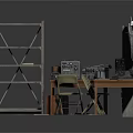Vintage Workspace With Metal Shelves File Cabinet Bulletin Board Tables Typewriters And Papers