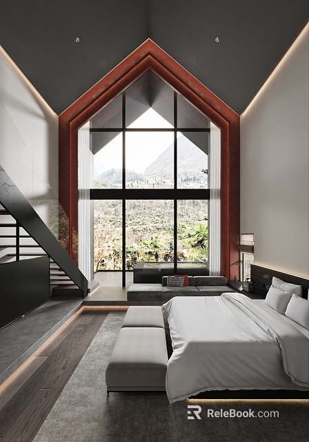 Modern Hotel Room Interior With Large Windows Scenic Mountain View Greenery And Cozy Bed 3d model 