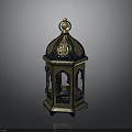 Decorative Vintage Lantern With Intricate Gold Blue Patterns Arched Windows And Golden Finial Top