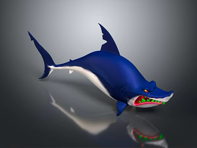 3D Model Blue White Shark With Sharp Teeth Open Mouth And Reflective Background 3d model
