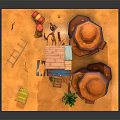 Cartoon Scene With Orange Rocks Small Cabin Ladder Red Barrels Dried Tree And Green Plant